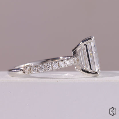 2.76 Carat Emerald Cut Lab Grown Diamond Side Stone Pavé Engagement Ring - Side Profile Angle