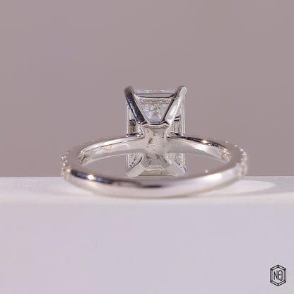 2.76 Carat Emerald Cut Lab Grown Diamond Side Stone Pavé Engagement Ring - Hand View / Detail Angle
