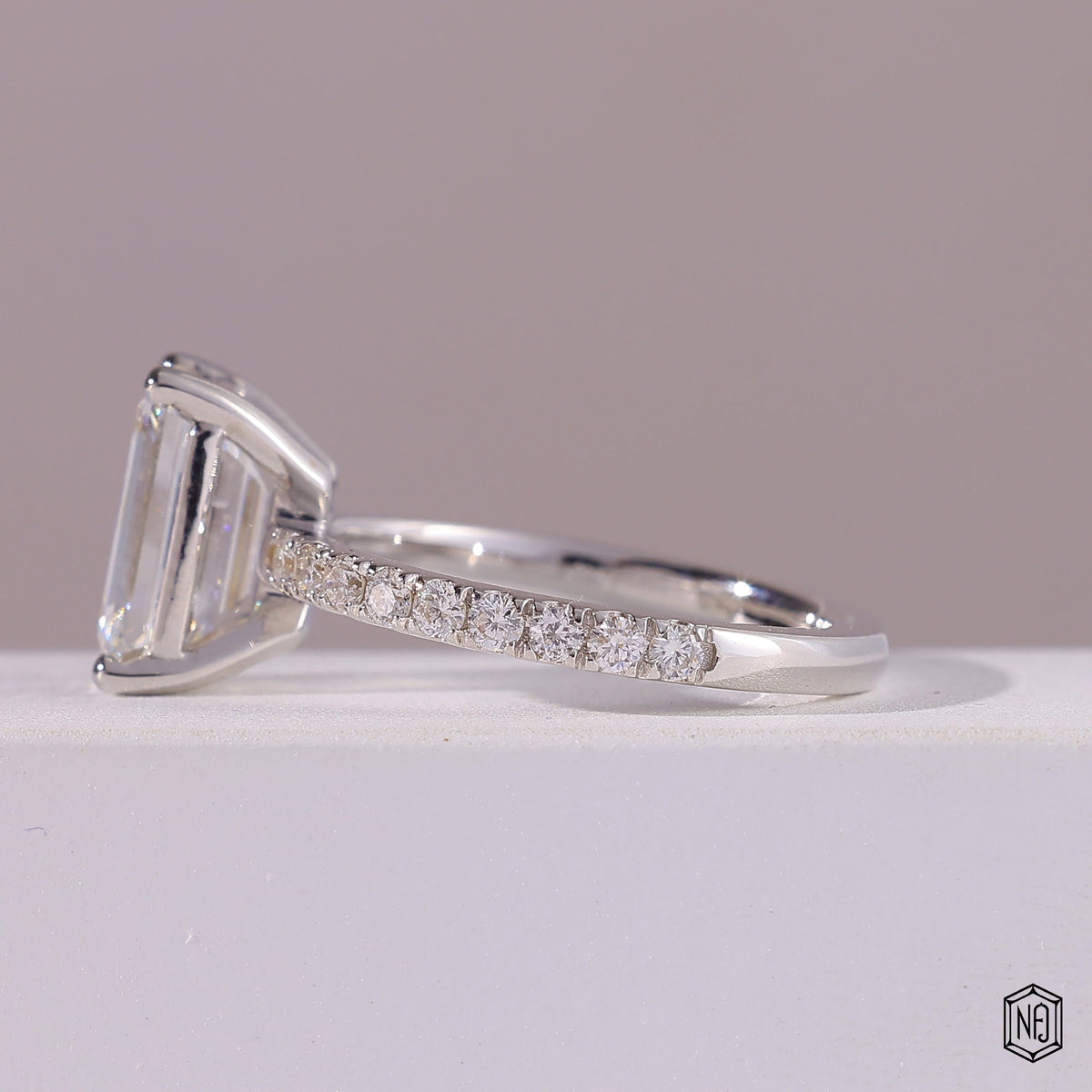 2.76 Carat Emerald Cut Lab Grown Diamond Side Stone Pavé Engagement Ring - Angled Perspective