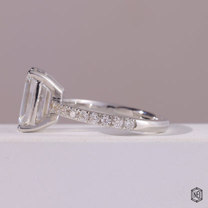 2.76 Carat Emerald Cut Lab Grown Diamond Side Stone Pavé Engagement Ring - Angled Perspective