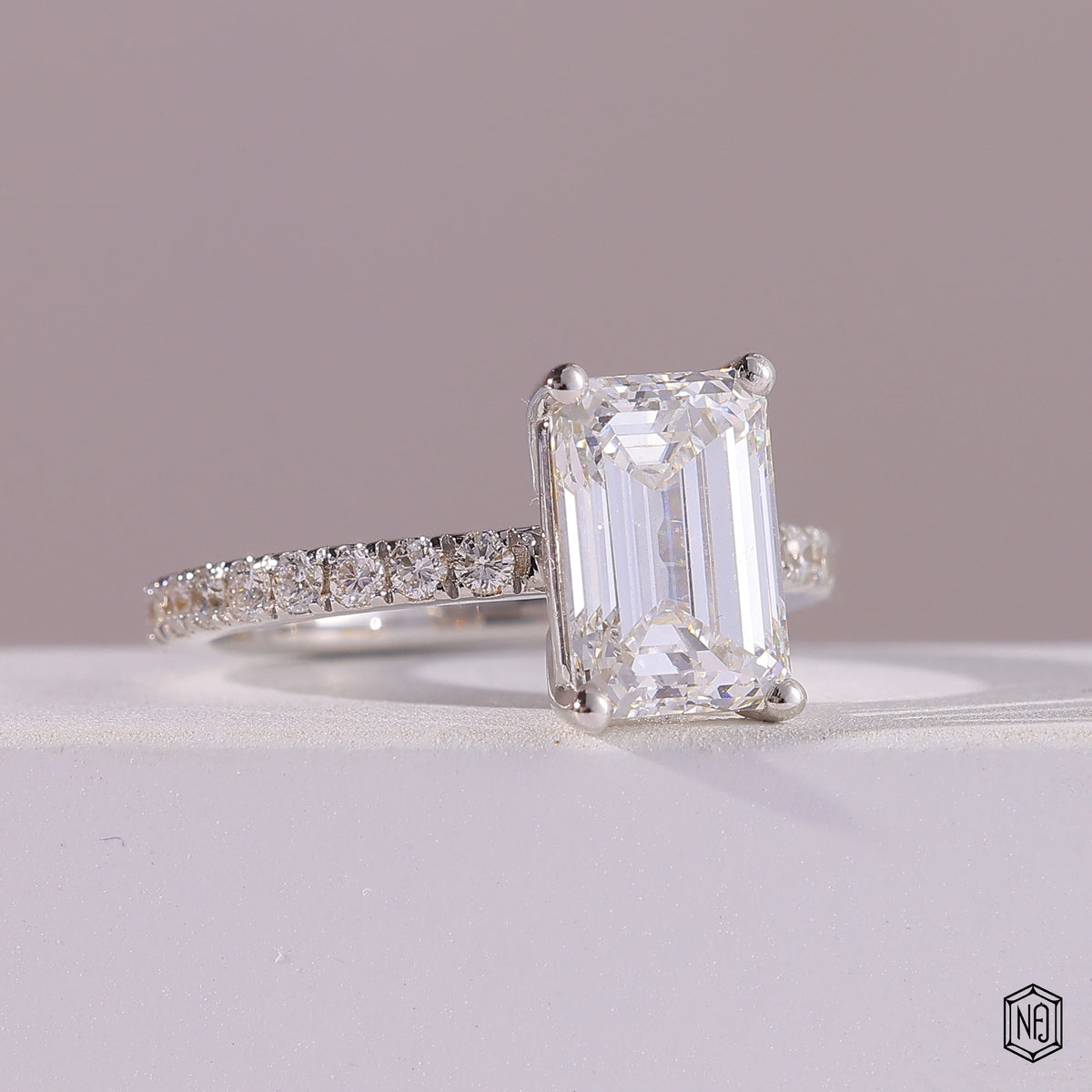 2.76 Carat Emerald Cut Lab Grown Diamond Side Stone Pavé Engagement Ring - Gallery & Prongs Detail
