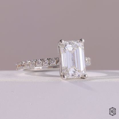 2.76 Carat Emerald Cut Lab Grown Diamond Side Stone Pavé Engagement Ring - Gallery & Prongs Detail