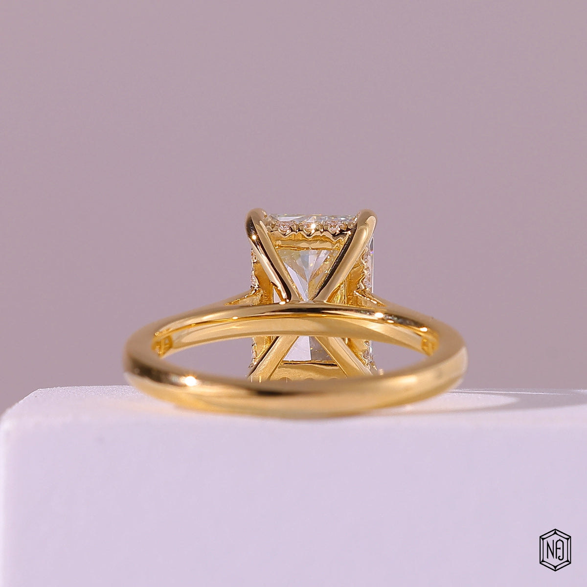 2.75 Carat Radiant Cut Lab Grown Diamond Delicate Hidden Halo Engagement Ring - Hand View / Detail Angle