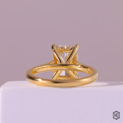 2.75 Carat Radiant Cut Lab Grown Diamond Delicate Hidden Halo Engagement Ring - Hand View / Detail Angle