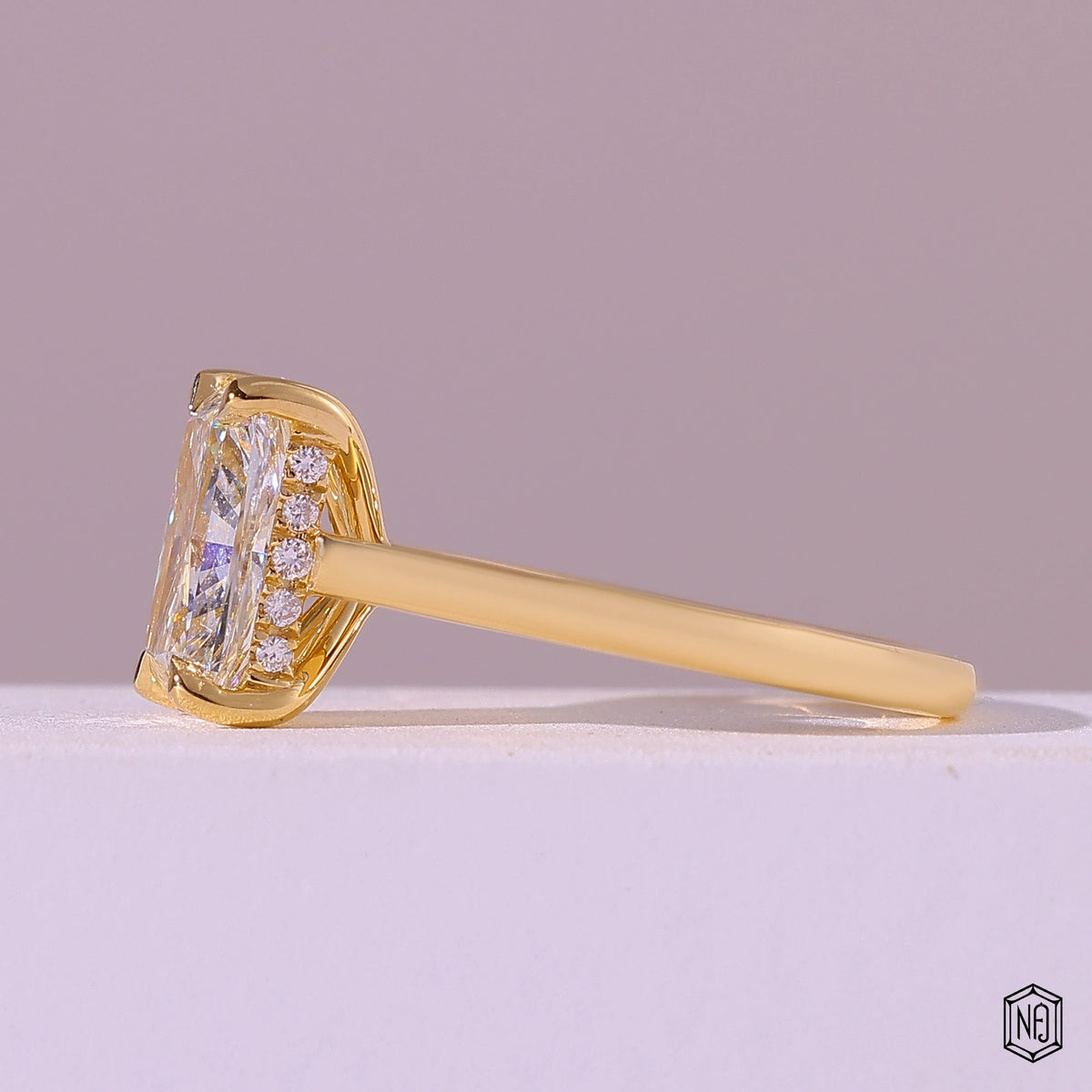 2.75 Carat Radiant Cut Lab Grown Diamond Delicate Hidden Halo Engagement Ring - Angled Perspective
