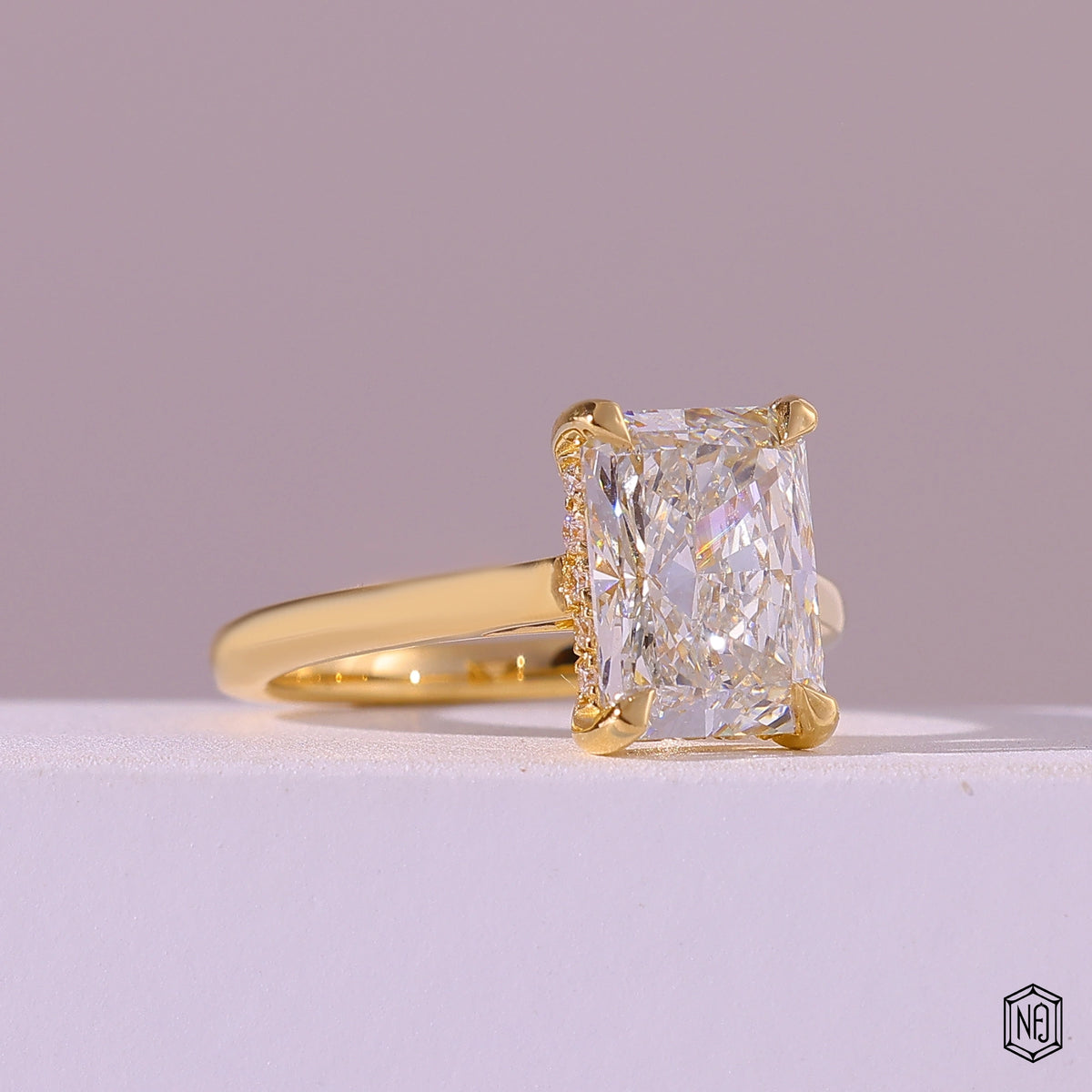 2.75 Carat Radiant Cut Lab Grown Diamond Delicate Hidden Halo Engagement Ring - Gallery & Prongs Detail