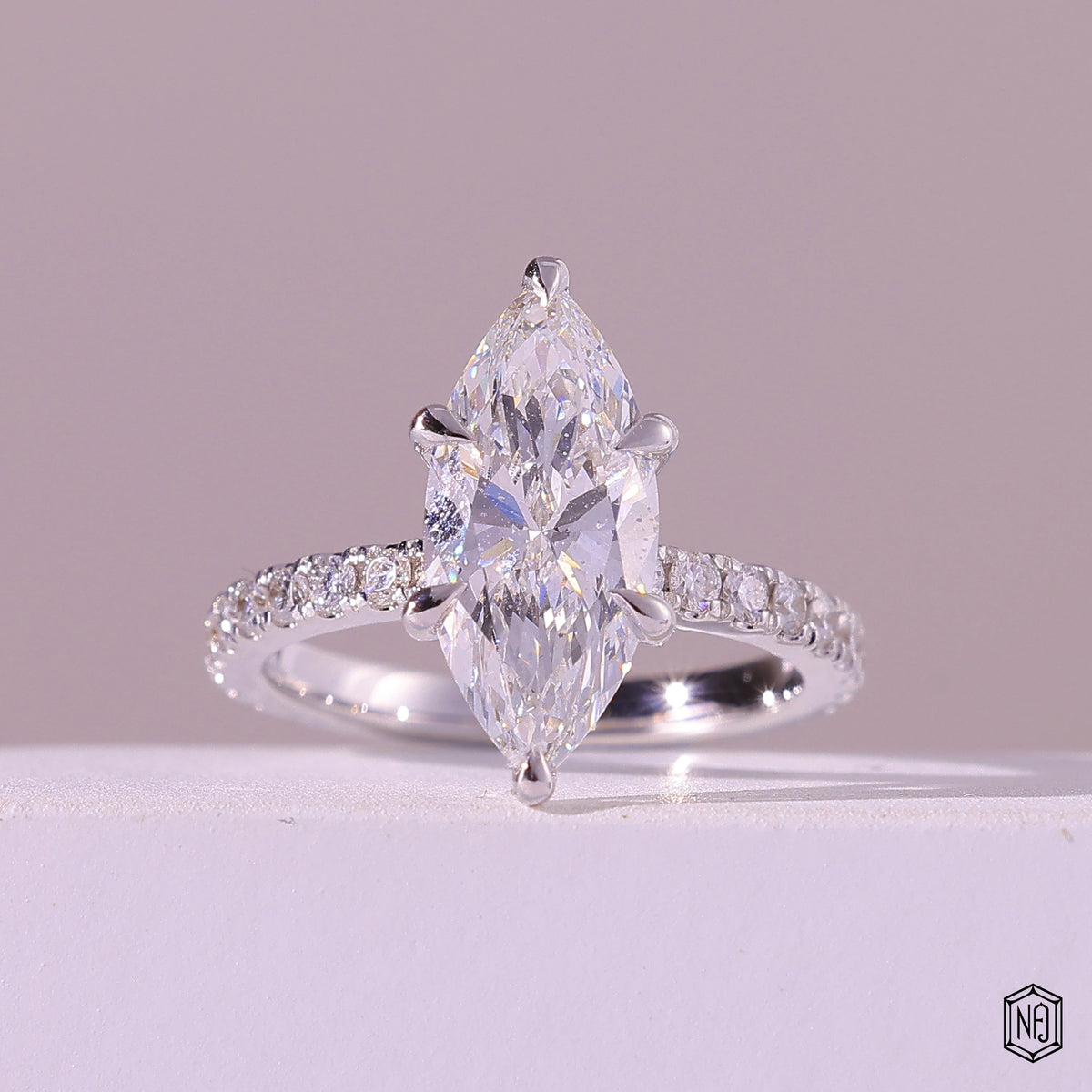 2.60 Carat Marquise Cut Lab Grown Diamond Side Stone Pavé Engagement Ring - Front Top View