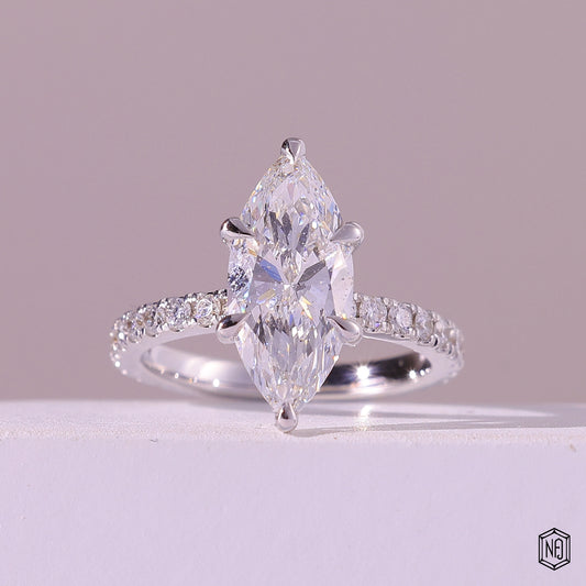 2.60 Carat Marquise Cut Lab Grown Diamond Side Stone Pavé Engagement Ring - Front Top View