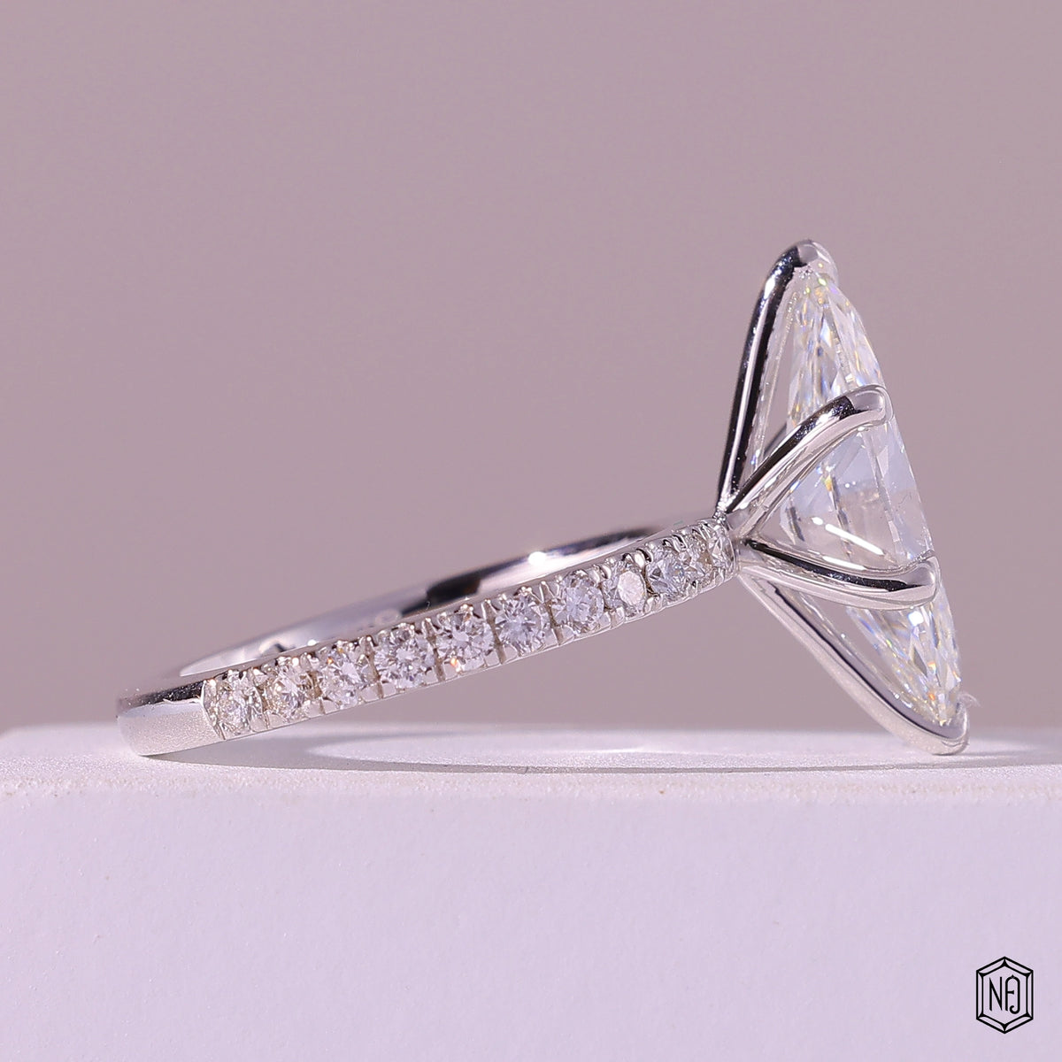 2.60 Carat Marquise Cut Lab Grown Diamond Side Stone Pavé Engagement Ring - Side Profile Angle