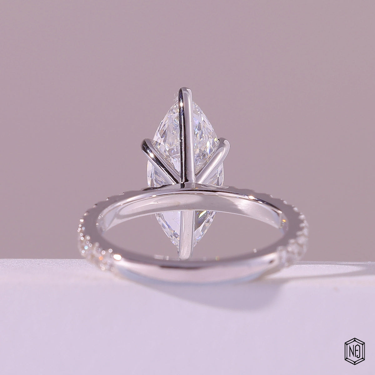 2.60 Carat Marquise Cut Lab Grown Diamond Side Stone Pavé Engagement Ring - Hand View / Detail Angle