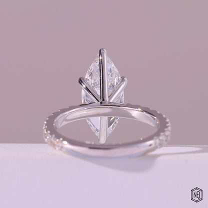 2.60 Carat Marquise Cut Lab Grown Diamond Side Stone Pavé Engagement Ring - Hand View / Detail Angle
