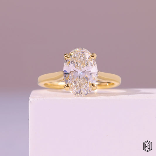4.1 Carat Oval Cut Lab Grown Diamond Delicate Hidden Halo Engagement Ring - Front Top View