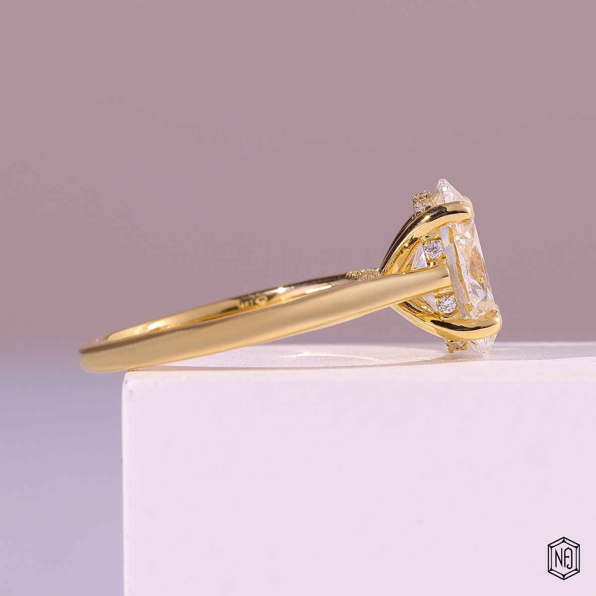 4.1 Carat Oval Cut Lab Grown Diamond Delicate Hidden Halo Engagement Ring - Side Profile Angle