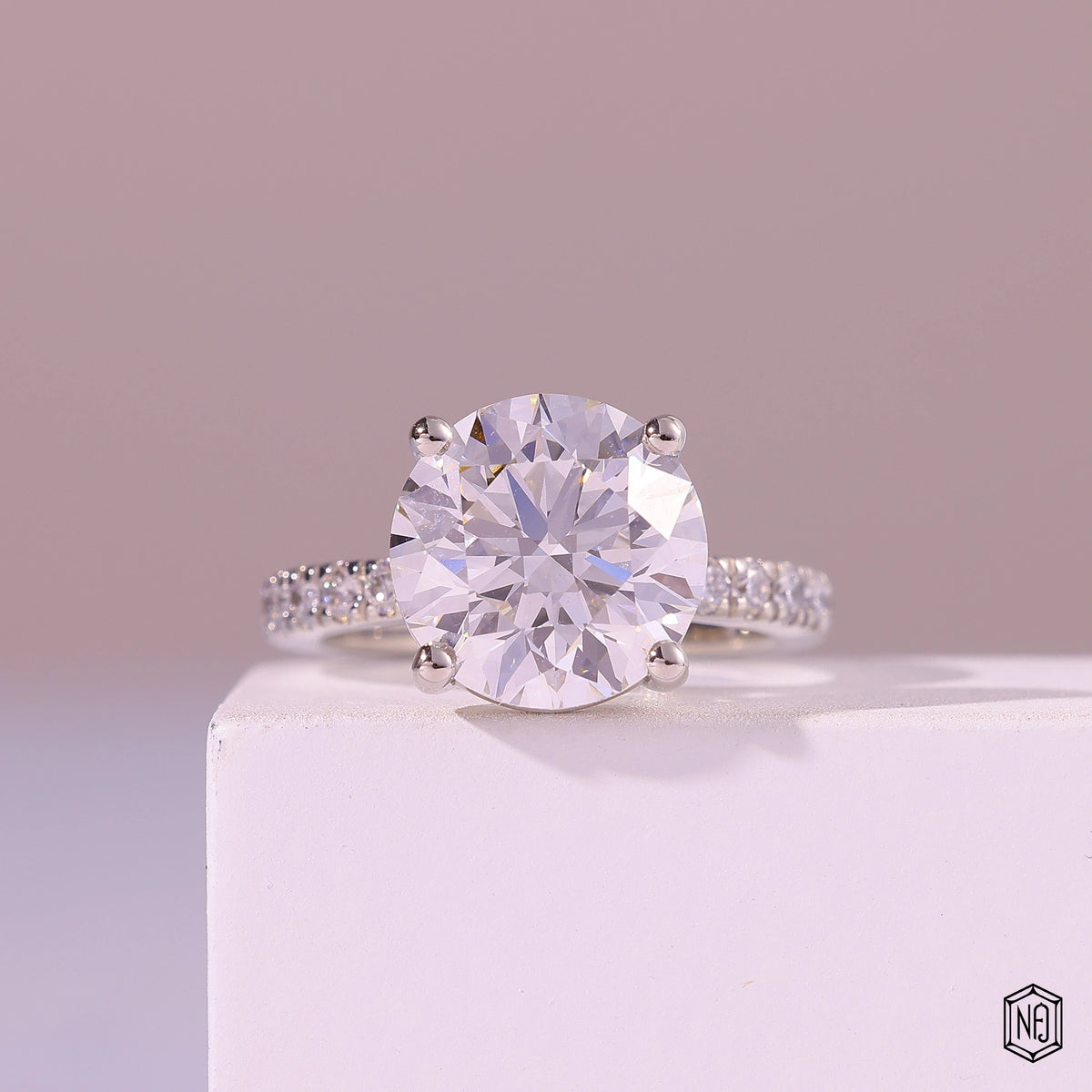 5.53 Carat Round Cut Lab Grown Diamond Side Stone Pavé Engagement Ring - Front Top View
