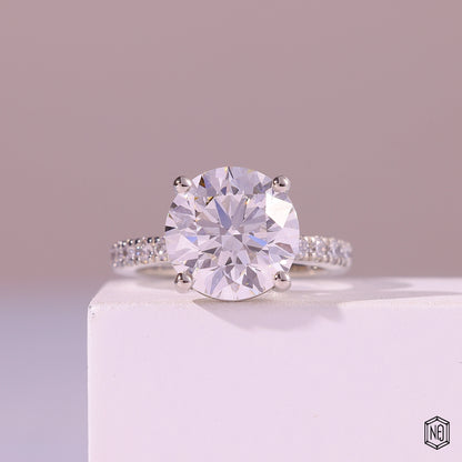 5.53 Carat Round Cut Lab Grown Diamond Side Stone Pavé Engagement Ring - Front Top View