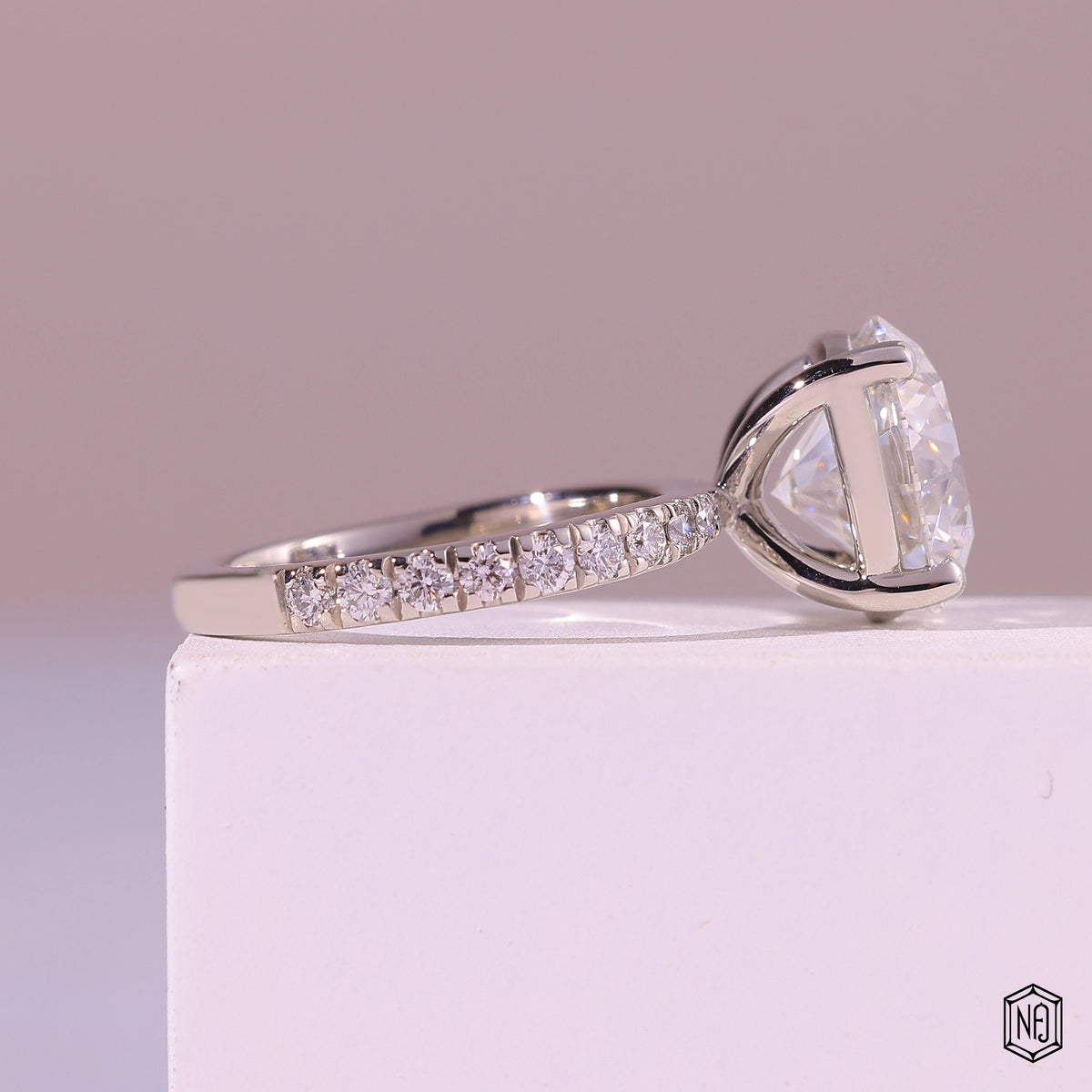 5.53 Carat Round Cut Lab Grown Diamond Side Stone Pavé Engagement Ring - Side Profile Angle