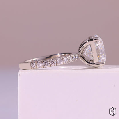 5.53 Carat Round Cut Lab Grown Diamond Side Stone Pavé Engagement Ring - Side Profile Angle