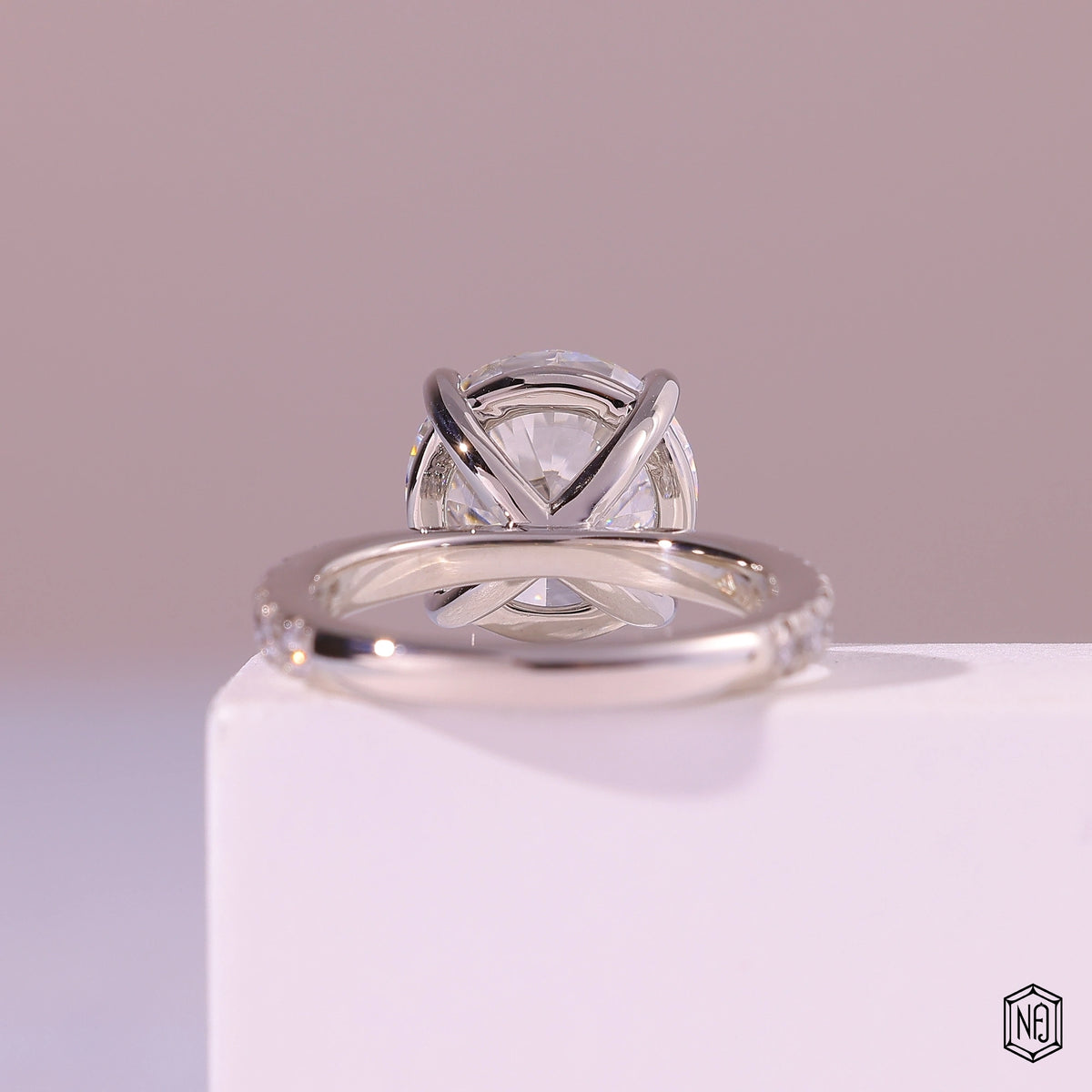 5.53 Carat Round Cut Lab Grown Diamond Side Stone Pavé Engagement Ring - Hand View / Detail Angle