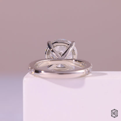 5.53 Carat Round Cut Lab Grown Diamond Side Stone Pavé Engagement Ring - Hand View / Detail Angle