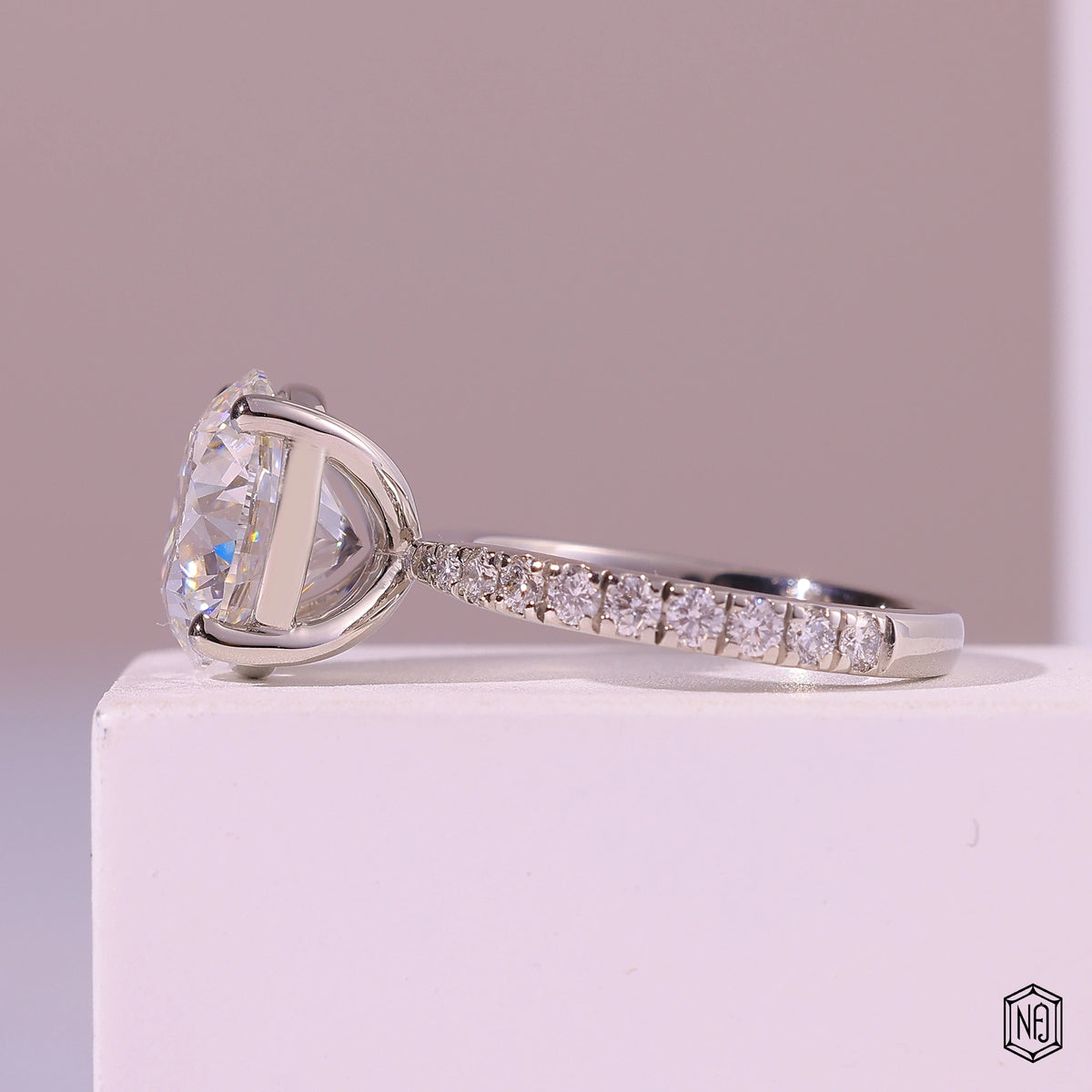 5.53 Carat Round Cut Lab Grown Diamond Side Stone Pavé Engagement Ring - Angled Perspective