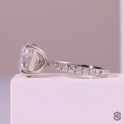 5.53 Carat Round Cut Lab Grown Diamond Side Stone Pavé Engagement Ring - Angled Perspective