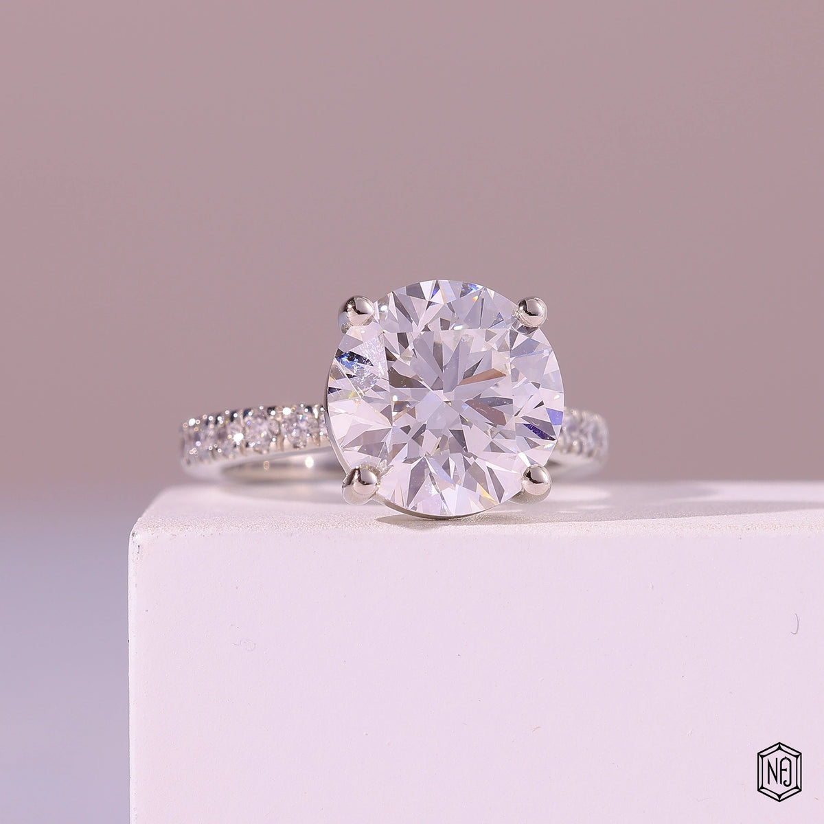 5.53 Carat Round Cut Lab Grown Diamond Side Stone Pavé Engagement Ring - Gallery & Prongs Detail