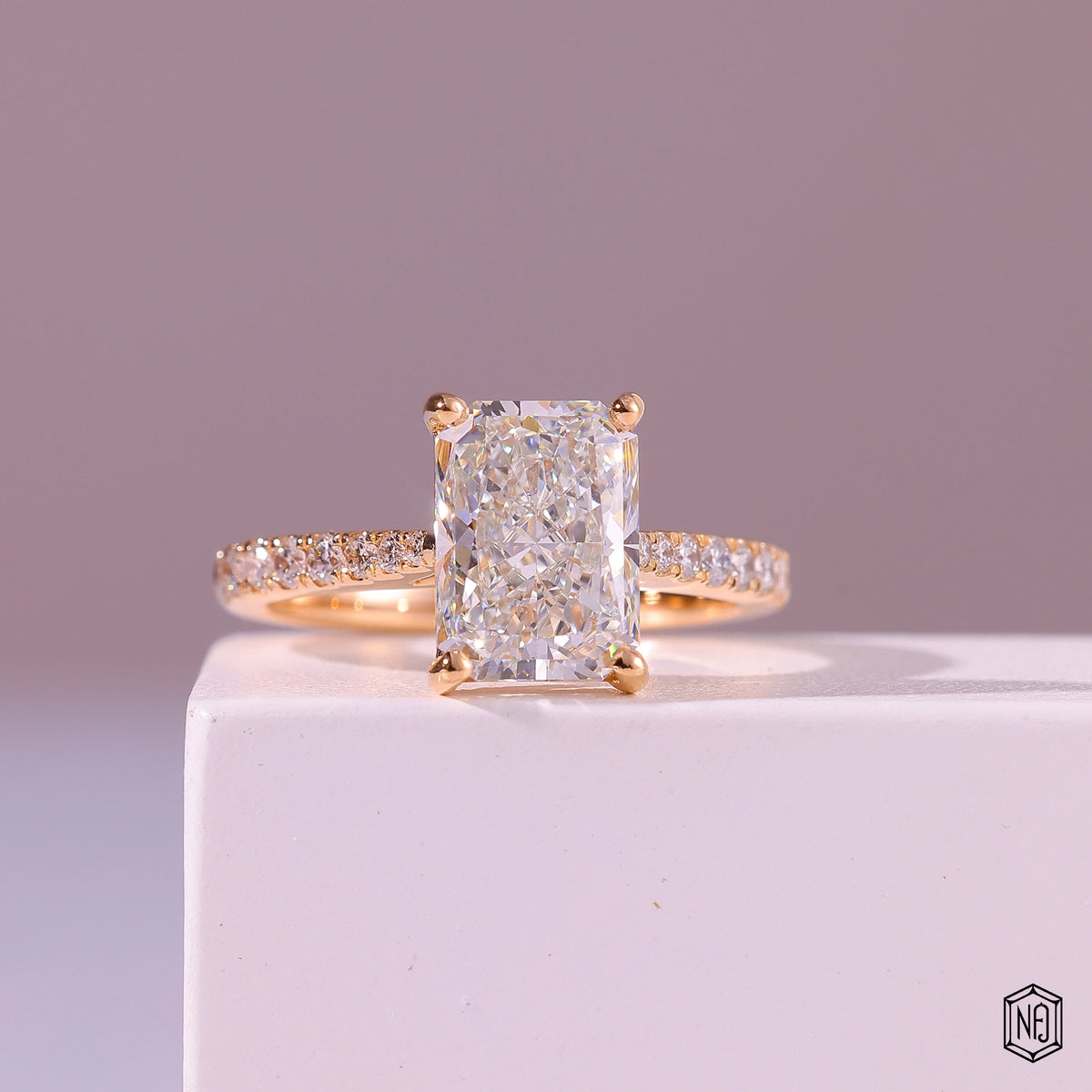 2.92 Carat Radiant Cut Lab Grown Diamond Side Stone Pavé Engagement Ring - Front Top View