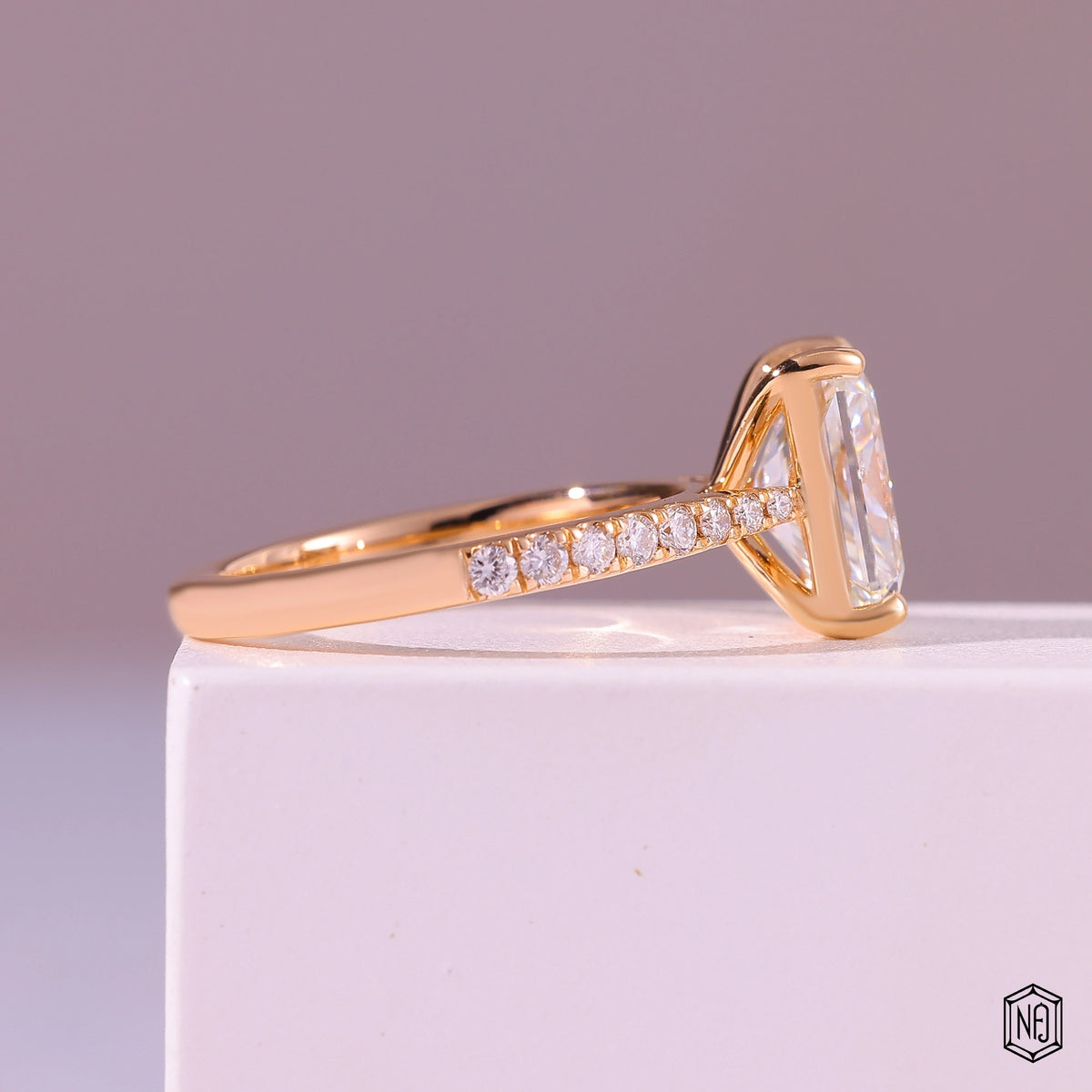 2.92 Carat Radiant Cut Lab Grown Diamond Side Stone Pavé Engagement Ring - Side Profile Angle