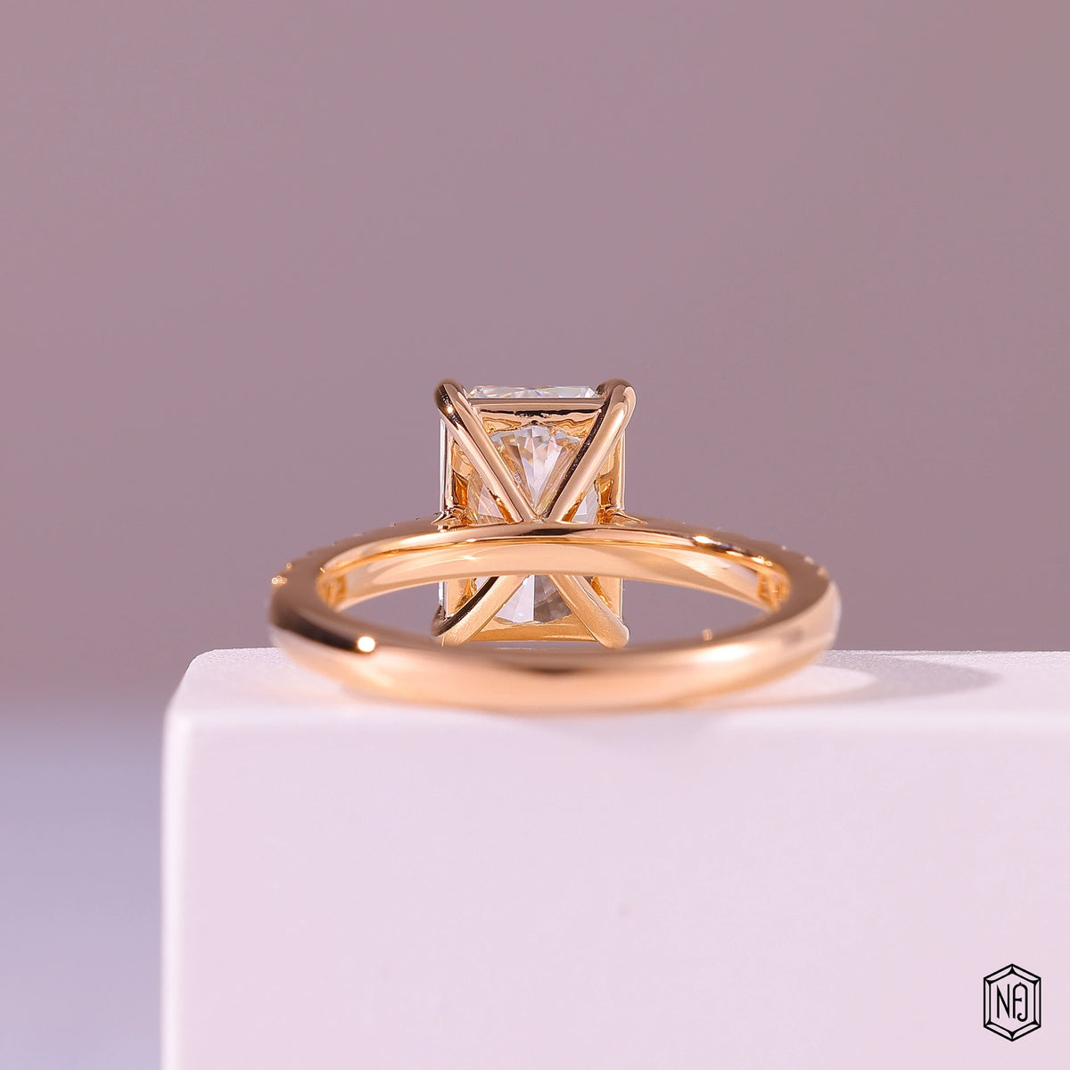 2.92 Carat Radiant Cut Lab Grown Diamond Side Stone Pavé Engagement Ring - Hand View / Detail Angle