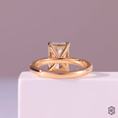 2.92 Carat Radiant Cut Lab Grown Diamond Side Stone Pavé Engagement Ring - Hand View / Detail Angle