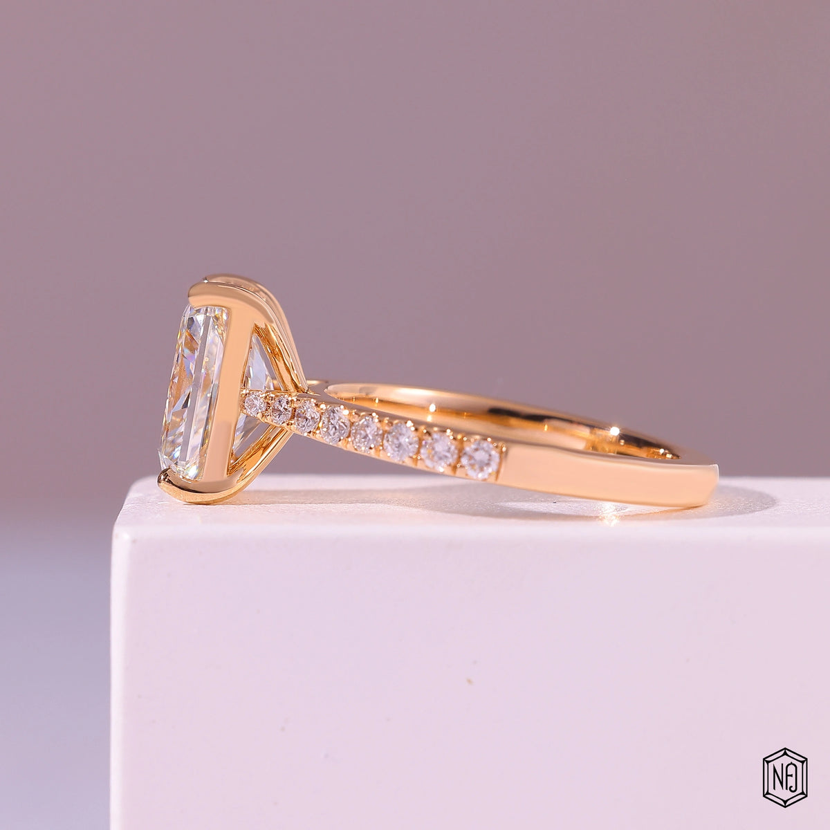 2.92 Carat Radiant Cut Lab Grown Diamond Side Stone Pavé Engagement Ring - Angled Perspective