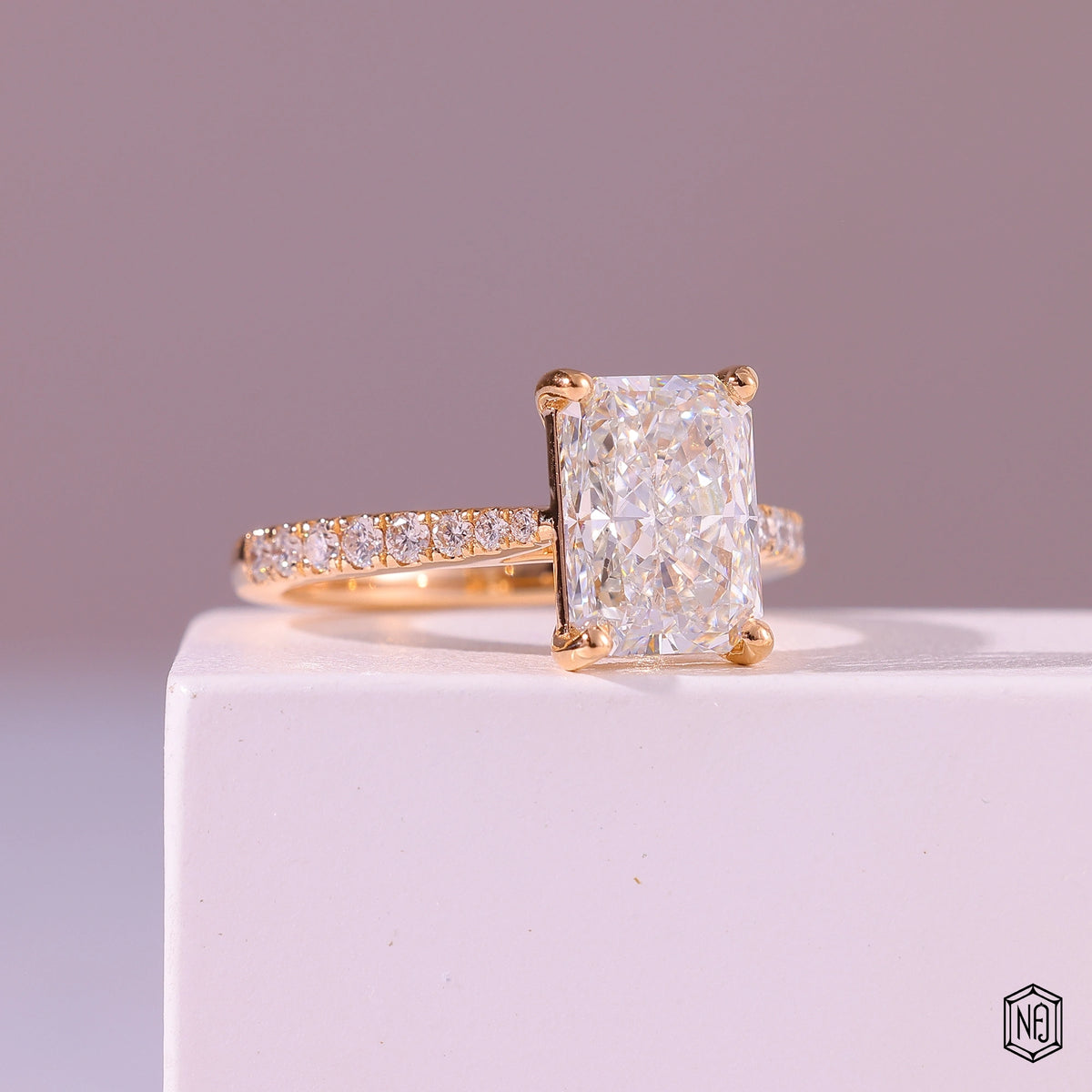 2.92 Carat Radiant Cut Lab Grown Diamond Side Stone Pavé Engagement Ring - Gallery & Prongs Detail