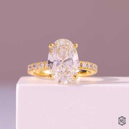 4.59 Carat Oval Cut Lab Grown Diamond Side Stone Pavé Engagement Ring - Front Top View