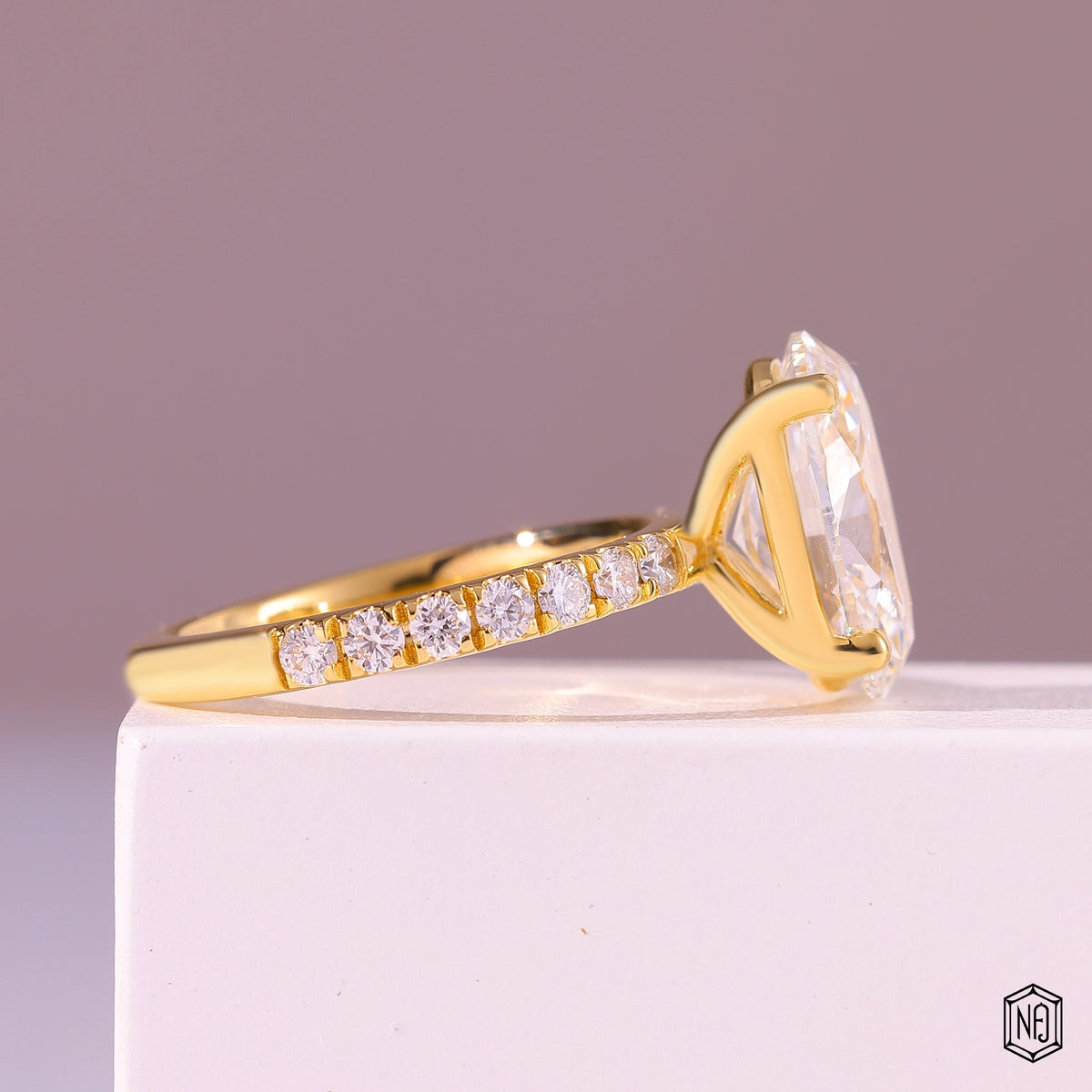4.59 Carat Oval Cut Lab Grown Diamond Side Stone Pavé Engagement Ring - Side Profile Angle
