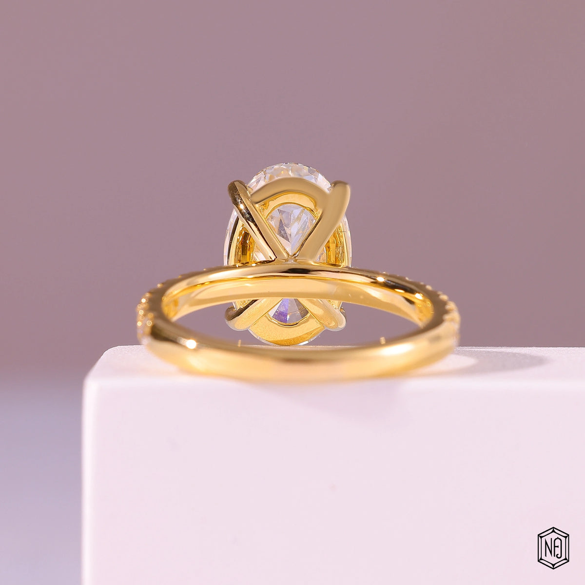 4.59 Carat Oval Cut Lab Grown Diamond Side Stone Pavé Engagement Ring - Hand View / Detail Angle