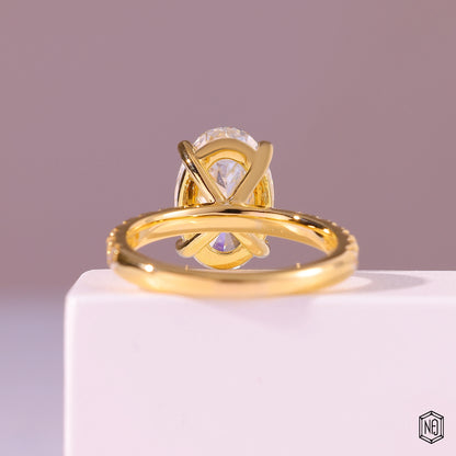 4.59 Carat Oval Cut Lab Grown Diamond Side Stone Pavé Engagement Ring - Hand View / Detail Angle