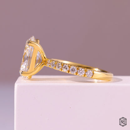 4.59 Carat Oval Cut Lab Grown Diamond Side Stone Pavé Engagement Ring - Angled Perspective
