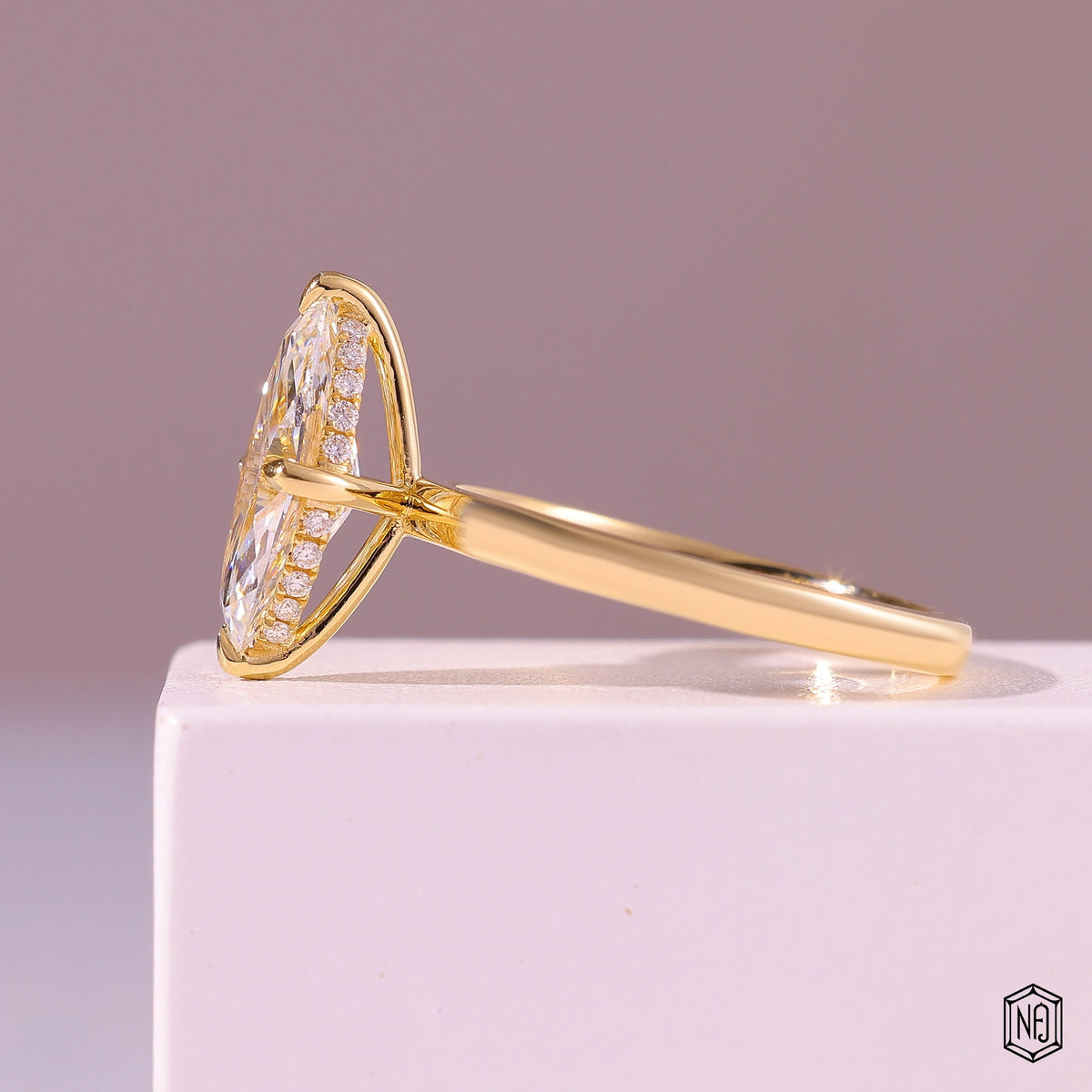 2.1 Carat Marquise Cut Lab Grown Diamond Delicate Hidden Halo Engagement Ring - Angled Perspective