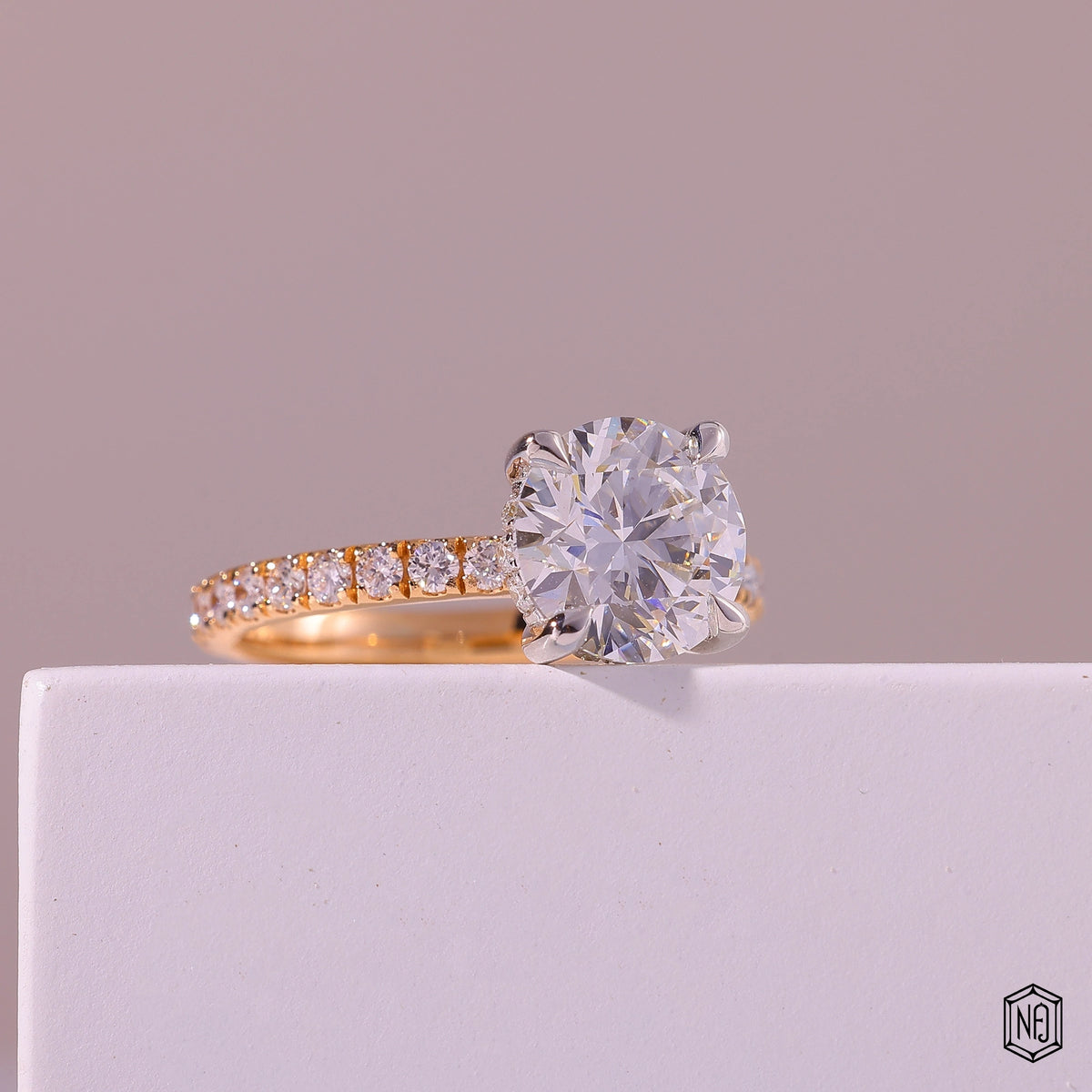 2.22 Carat Round Cut Lab Grown Diamond Two-Tone Solitaire Engagement Ring - Gallery & Prongs Detail