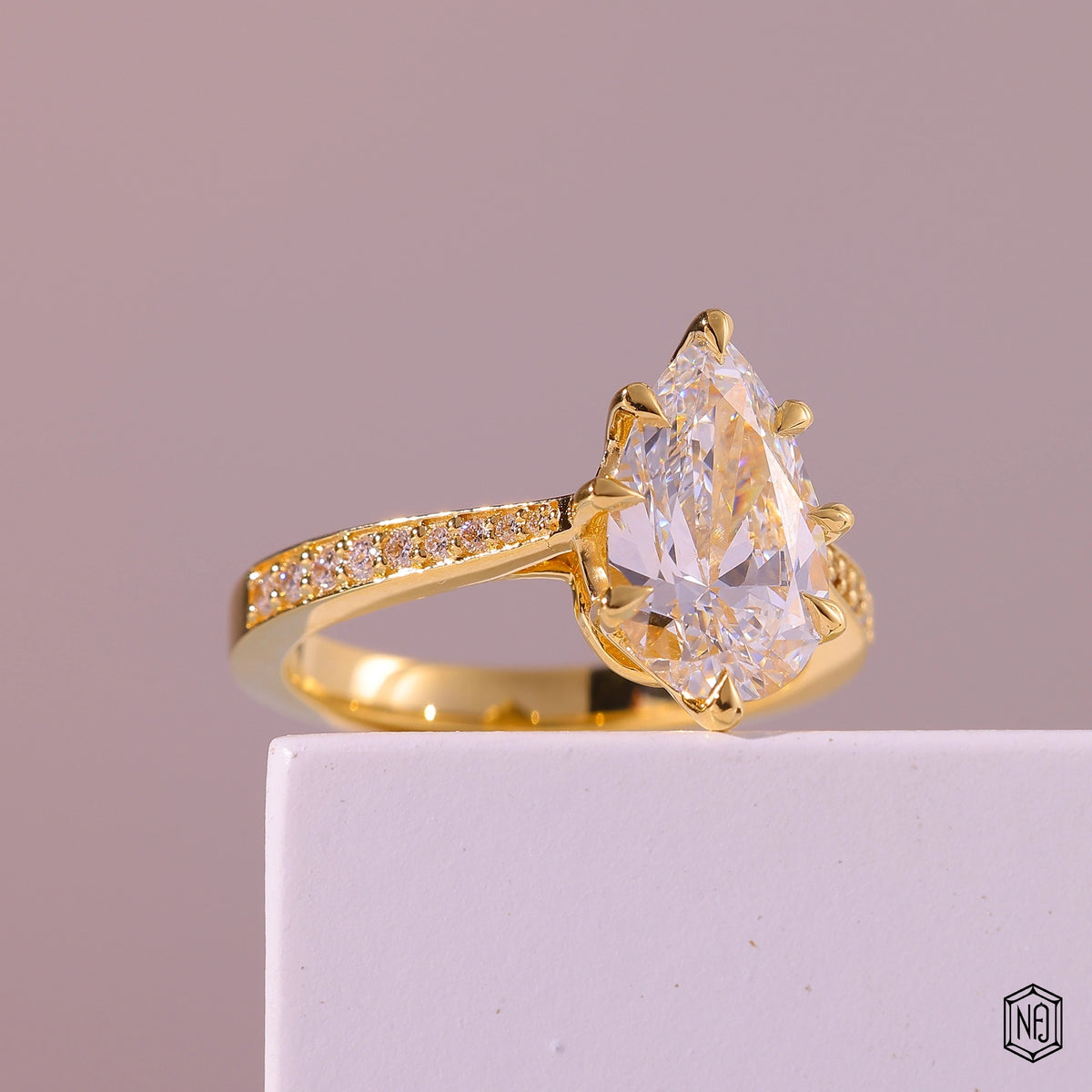 2.9 Carat Pear Cut Lab Grown Diamond Vintage Inspired Heirloom Engagement Ring - Gallery & Prongs Detail
