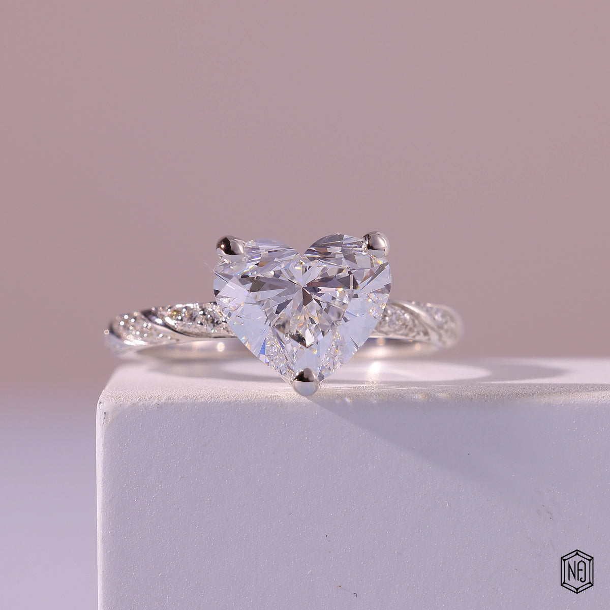 3.3 Carat Heart Cut Lab Grown Diamond Side Stone Pavé Engagement Ring - Front Top View