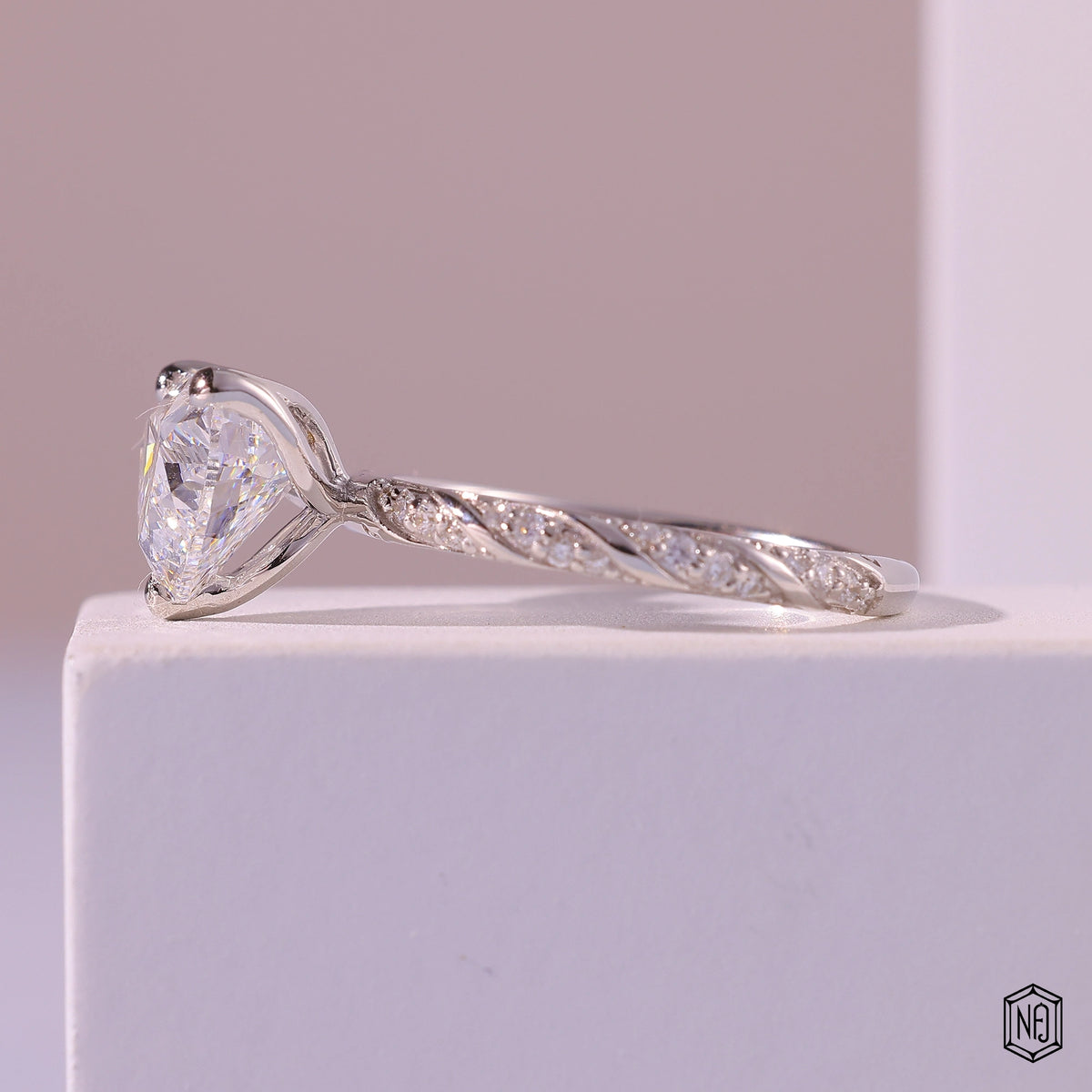 3.3 Carat Heart Cut Lab Grown Diamond Side Stone Pavé Engagement Ring - Angled Perspective
