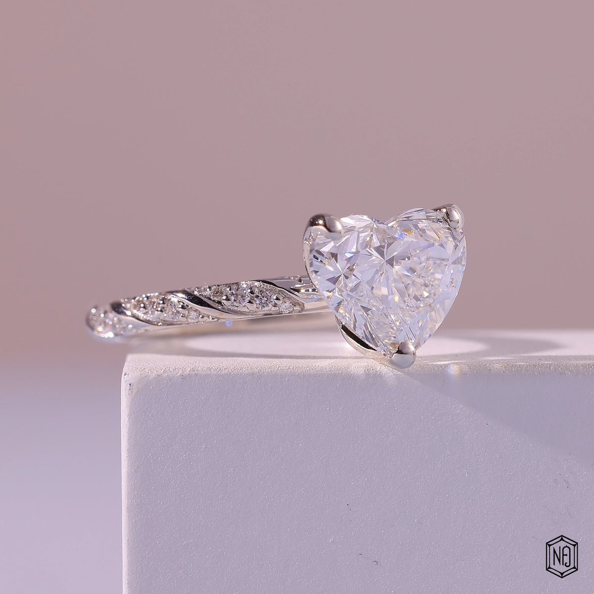 3.3 Carat Heart Cut Lab Grown Diamond Side Stone Pavé Engagement Ring - Gallery & Prongs Detail
