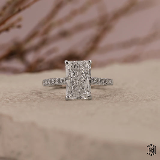 2.85 Carat Radiant Cut Lab Grown Diamond Side Stone Pavé Engagement Ring - Front Top View
