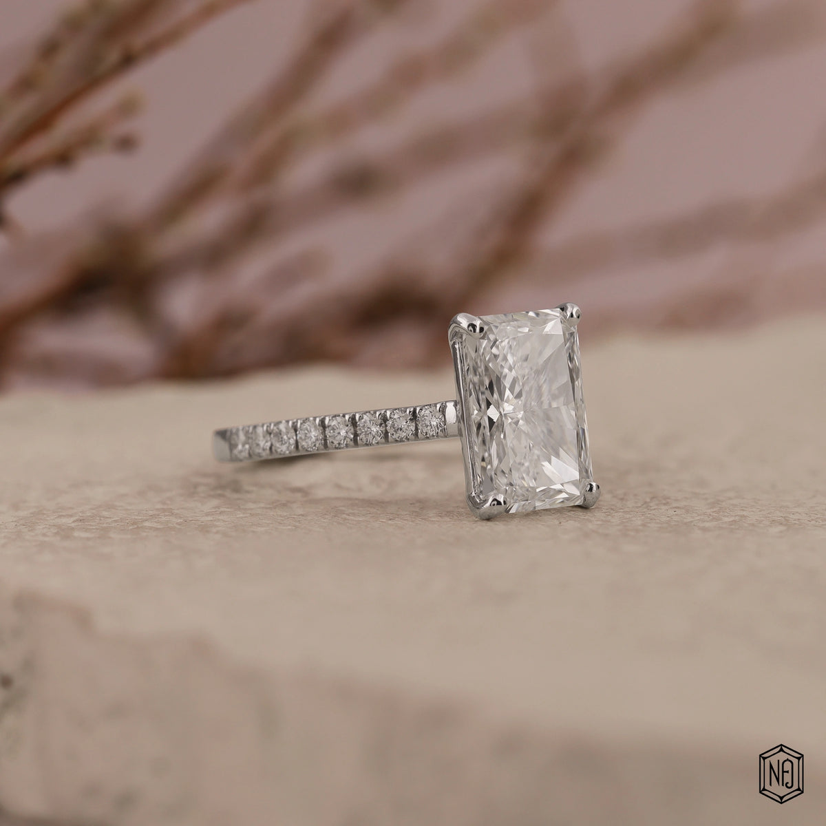 2.85 Carat Radiant Cut Lab Grown Diamond Side Stone Pavé Engagement Ring - Gallery & Prongs Detail