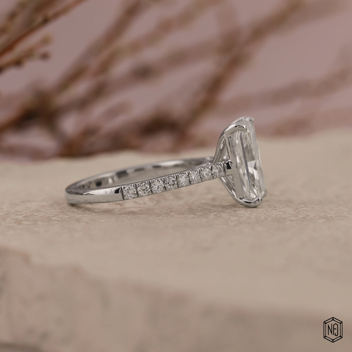 2.85 Carat Radiant Cut Lab Grown Diamond Side Stone Pavé Engagement Ring - Side Profile Angle