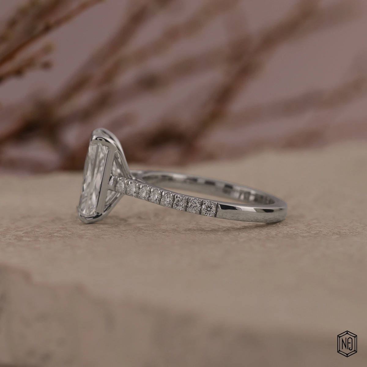 2.85 Carat Radiant Cut Lab Grown Diamond Side Stone Pavé Engagement Ring - Angled Perspective