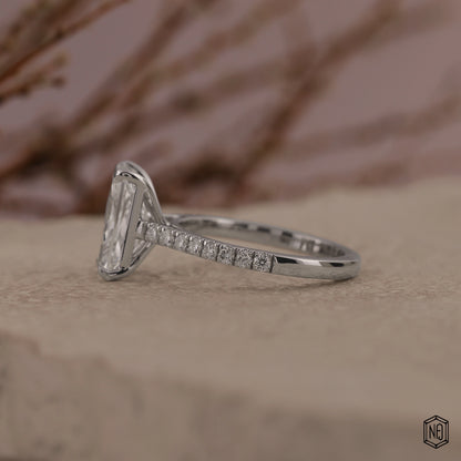 2.85 Carat Radiant Cut Lab Grown Diamond Side Stone Pavé Engagement Ring - Angled Perspective