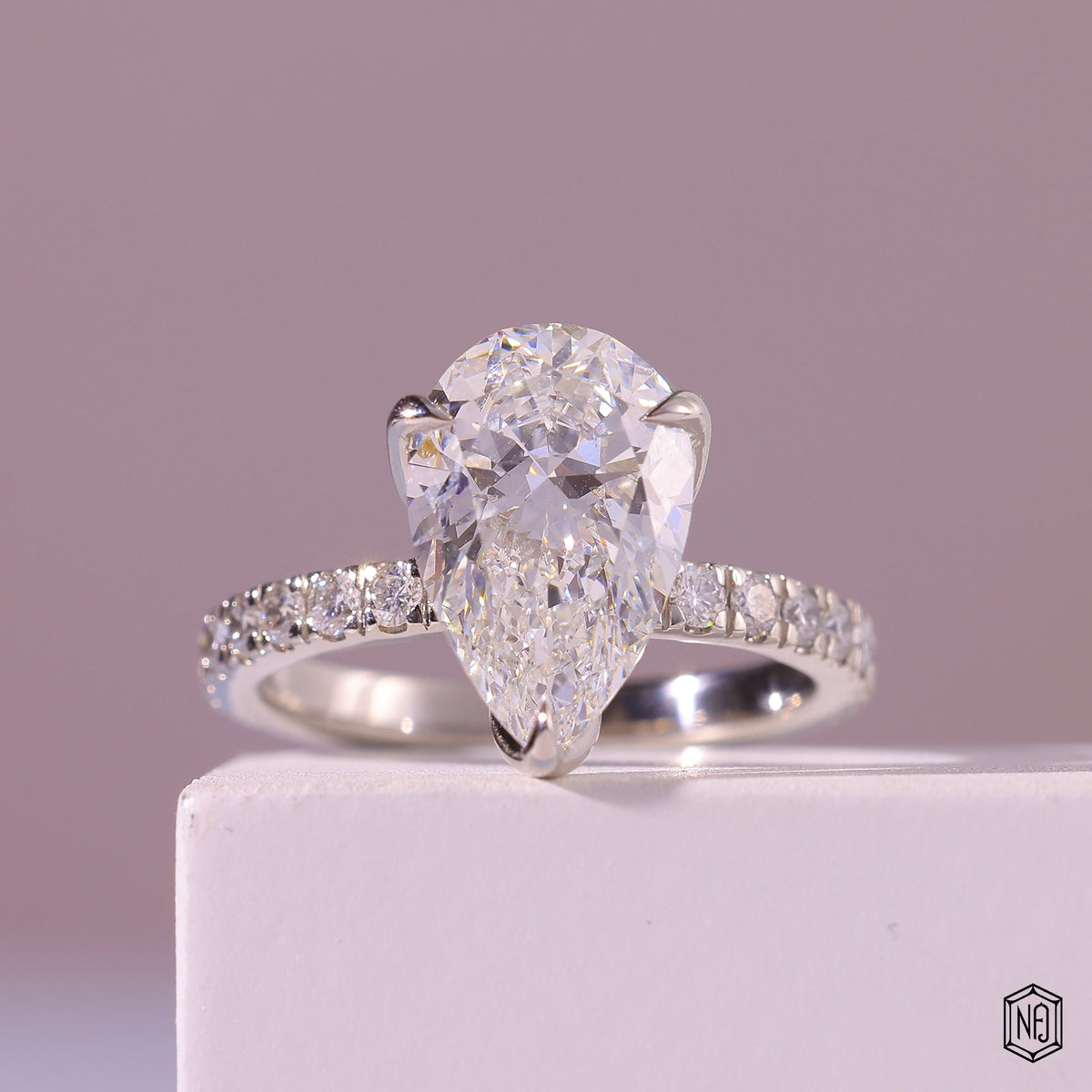 3.71 Carat Pear Cut Lab Grown Diamond Side Stone Pavé Engagement Ring - Front Top View