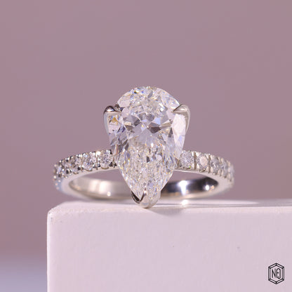 3.71 Carat Pear Cut Lab Grown Diamond Side Stone Pavé Engagement Ring - Front Top View